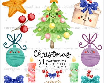 Christmas Clipart, Christmas Graphics, COMMERCIAL USE, Christmas Watercolor Clipart, Christmas Tree Clipart, Christmas Ornaments Clipart