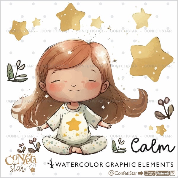 Meditation Clipart, Mindfulness Practice, Yoga Clipart, Reflection, Calm, Relax Day Clipart, Sleep Routine, Sweet Dreams, Night Clipart
