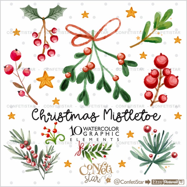 Christmas Mistletoe Watercolor Clipart, Mistletoe Clipart, COMMERCIAL USE, Holidays Clipart, Christmas Clipart, Mistletoe Clip Art, Clipart