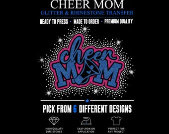 Customizable Cheer Mom Rhinestone Design Transfer Bows Dance Megaphone Star Heart Varsity Hotfix Glitter Vinyl DIY Bling Iron On Applique