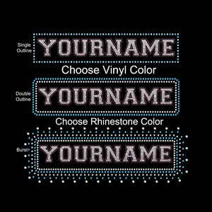 Custom Personalized Rhinestone Glitter Foil Vinyl Transfer DIY Bling Iron On Applique Choose Colors Your Name College Font Outline Burst
