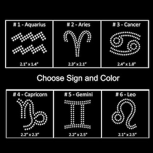 May include: A chart of the 12 zodiac signs, each represented by a white rhinestone design on a black background. The signs are numbered 1 through 6 and labeled with their names: Aquarius, Aries, Cancer, Capricorn, Gemini, and Leo. Each sign has its dimensions listed in inches.