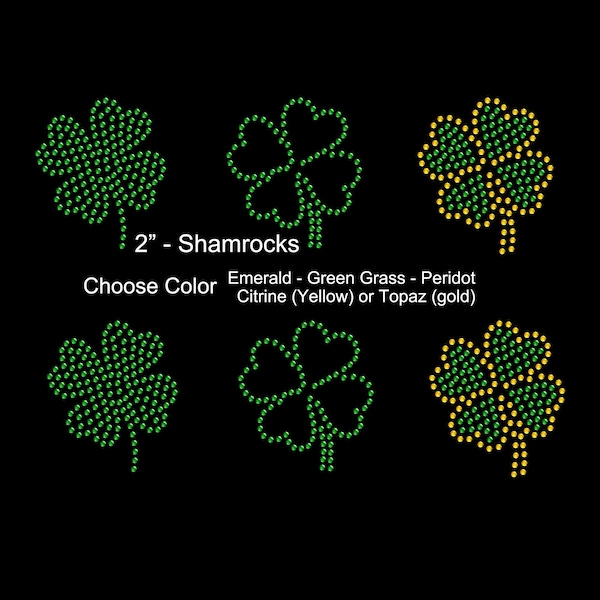 Set of 6 Irish 2" Inches Green Gold Shamrock St. Patrick Love Clover Rhinestone Transfer Hotfix DIY Bling Iron On Applique Choose Color