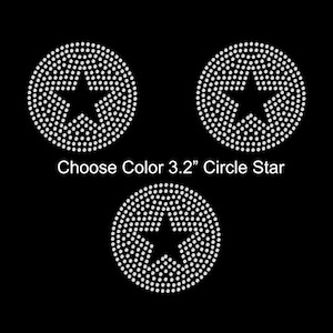 May include: Three white rhinestone star designs on a black background. Each star is inside a circle, with the text "Choose Color 3.2" Circle Star" below the designs. The star designs are made of small, closely spaced rhinestones.