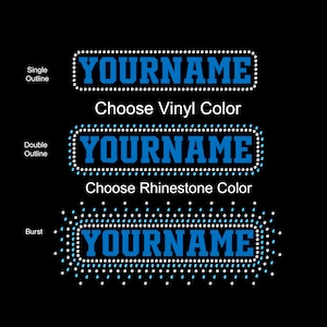 Custom Personalized Rhinestone Glitter Foil Vinyl Transfer DIY Bling Iron On Applique Choose Colors Your Name College Font Outline Burst
