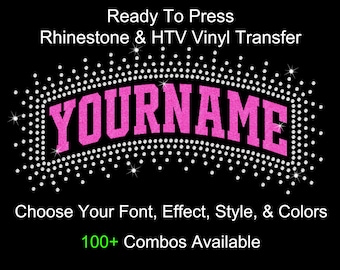 Customized Yourname Arch Smile Rhinestone Transfer Hotfix Glitter Foil DIY Bling IronOn Applique Choose Colors Outline Burst 10 Font Options