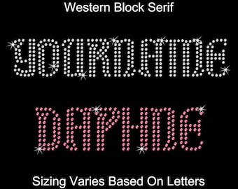 Personalized Rhinestone Western Block Serif Style Font Custom Your Name Hotfix Transfer DIY Bling Sparkle IronOn Applique Choose Color