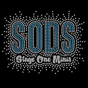 May include: Black background with the word "SODS" in large, light blue, dot-filled letters, outlined in white dots. Below, the text "Stage One Minis" is in a gray, stylized font, also on a black background.