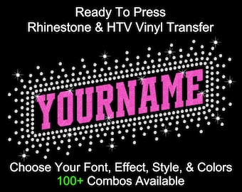 Customized Yourname Slant Rhinestone Transfer Hotfix Glitter Foil DIY Bling IronOn Applique Choose Colors Outline Burst 10 Font Options