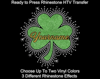 Yourname Shamrock Clover Four Leaf Custom Personalized Rhinestone Glitter Vinyl Transfer Bling Iron On Applique Choose Color Burst Outline