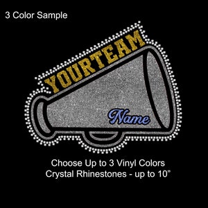 May include: A silver glitter megaphone with the text "YOURTEAM" in gold glitter and "Name" in blue glitter. Choose up to 3 vinyl colors. Crystal rhinestones - up to 10 inches.