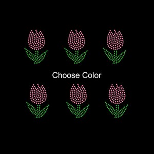 May include: Six pink tulip designs with green stems and leaves are arranged on a black background. The text "Choose Color" is displayed in white below the flowers. The tulips are made of small dots.