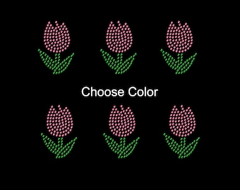 Set of 6 Flowers Tulip Petals Flor Rhinestone Transfer Hotfix DIY Bling Iron On Applique Custom Choose Colors Size 1.9" x 2.8"
