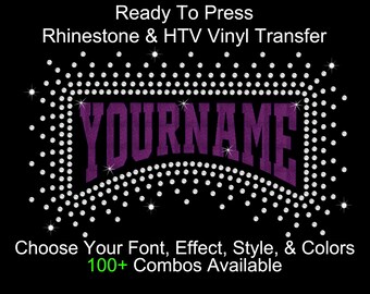 Customized Yourname Title Arch Rhinestone Transfer Hotfix Glitter Foil DIY Bling IronOn Applique Choose Colors Outline Burst 10 Font Options