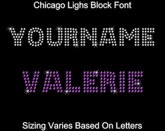 Personalized Rhinestone Chicago Lights Block Style Font Custom Your Name Hotfix Transfer DIY Bling Sparkle IronOn Applique Choose Color