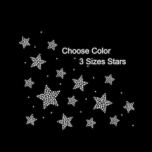 May include: A design featuring white stars of different sizes on a black background. The text "Choose Color 3 Sizes Stars" is at the top of the design.