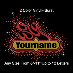 Yourname Flame Cheer Custom Personalized Rhinestone Glitter Vinyl Transfer DIY Bling Iron On Applique Choose Colors Fire Burst Outline