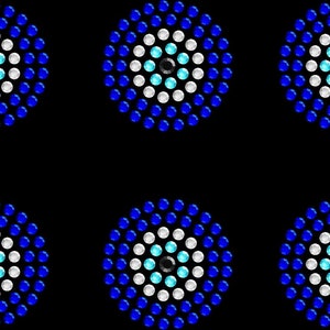 May include: A repeating pattern of blue and white evil eye charms on a black background. Each charm is made up of concentric circles of blue and white beads.