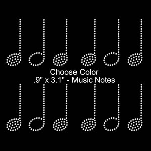 May include: Black background with eleven white musical notes. The text "Choose Color .9" x 3.1" - Music Notes" is displayed. Each note is made of small white dots. The notes are approximately 0.9 inches wide and 3.1 inches tall.