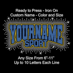 May include: A black background with a blue and gold glitter design that reads "YOURNAME SPORT". The text is outlined with a gold border and surrounded by white dots and stars. The text "Ready to Press - Iron On Custom Name - Color and Size" is at the top, and "Any Size From 6"-11" Up to 10 Letters Each Line" is at the bottom.