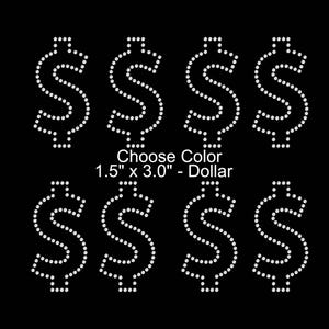 May include: Eight rhinestone dollar sign designs, each measuring 1.5 inches by 3.0 inches. Choose Color 1.5" x 3.0" - Dollar