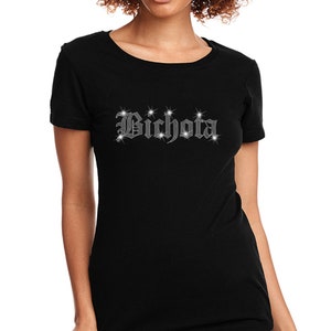 Bichota Rhinestone Bling Sparkle Bedazzled Womens T-Shirt Tee Black Crew Neck Black White Custom Stone Color