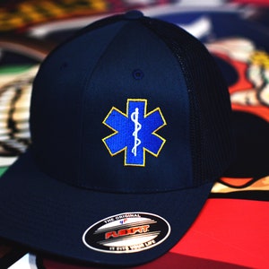 Star Of Life - Flexfit 6511 Navy Baseball Cap - Custom - Add Text To Back - Made By Texas Firefighters