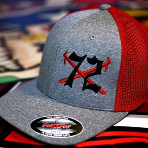 NY Hooks & Station Number - Flexfit 6311 Heather/Red Trucker Cap - Custom Firefighter Cap - Made By Texas Firefighters