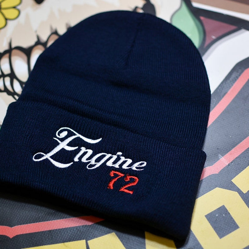 Personalized Firefighter Beanie Script Text w/ Station Number Design