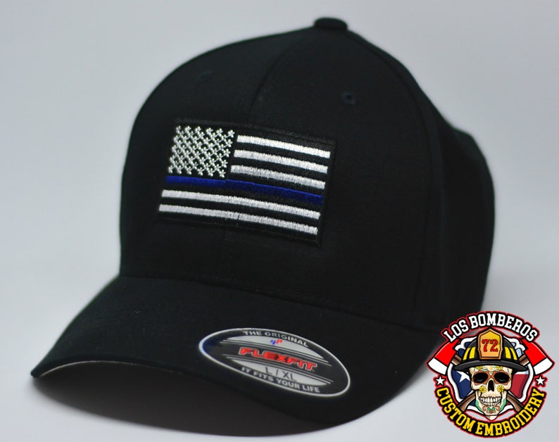 Police Officer Add Name To Back Embroidered Custom Thin Blue Line Baseball Cap Support The Blue Blue Thin Line Flexfit