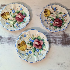 Vintage Artist Signed - 3 Majolica Floral Plates - Hand Painted