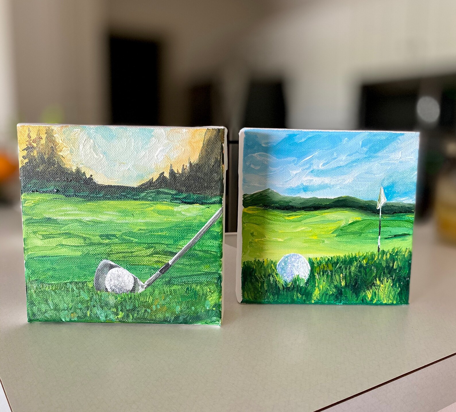 Golf Artwork Golf Ball Painting Features Iron on Grass Sun Etsy