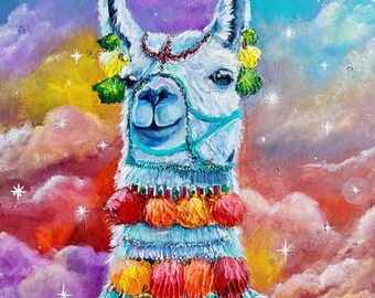 Original Acrylgemälde Lama - 20x20 Palettenmesser Kunst, wunderliches Boho-Dekor