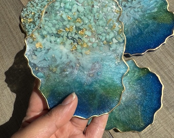 Handmade Resin Coaster Set – Ocean Agate Style, Gold Trim