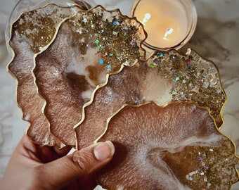 Agate Style Resin Coasters - Pink & Gold Glitter, Handmade Set of 4