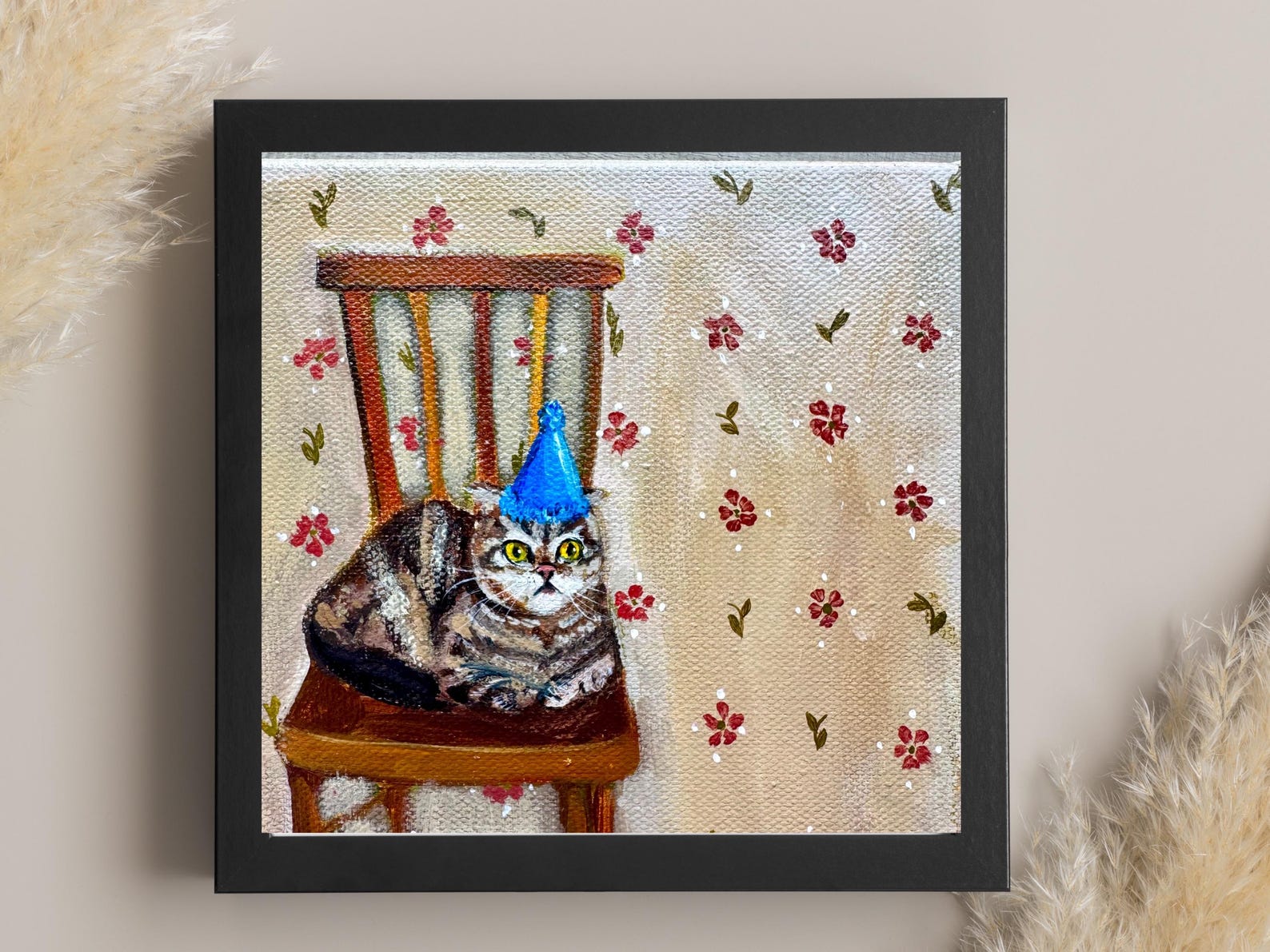 Whimsical Cat Acrylic Painting on Chair, 6x6 Acrylic Canvas Wall Art ...