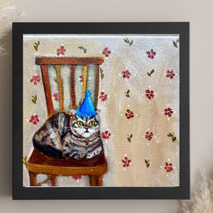 Whimsical Cat Acrylic Painting on Chair, 6x6 Acrylic Canvas Wall Art, Whimsical Home Decor, Cat Lovers Gift