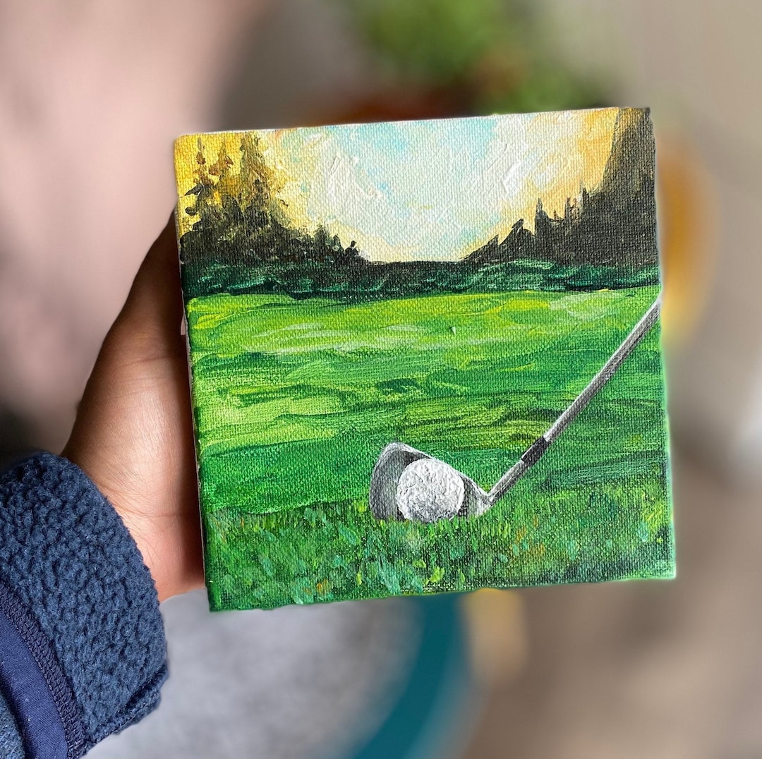 Golf Artwork Golf Ball Painting Features Iron on Grass Sun Set Golfing