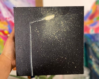 Original Street Lamp Acrylic Painting on Canvas – Snowy Night Art