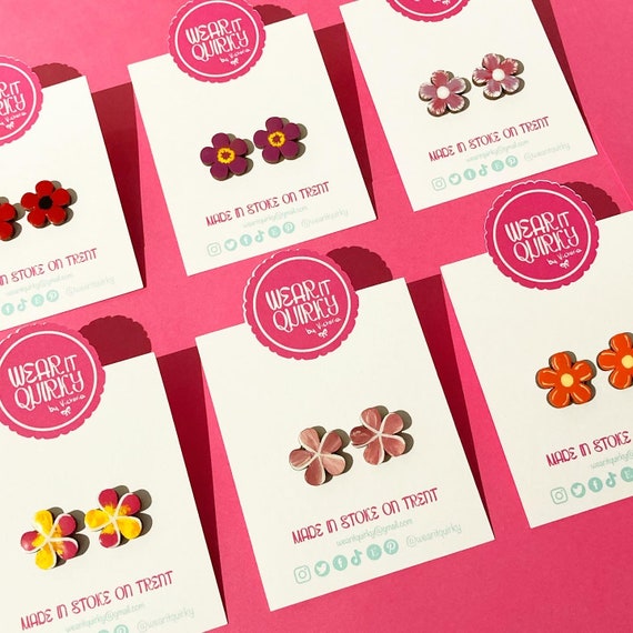 Wooden Hand Painted Flower Studs. 9 Designs, statement stainless steel post studs
