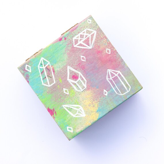 Hand Painted Small Wooden Jewellery, Gift, Storage Box - Crystal Theme and Tie-Dye Colours - Witch Altar Box Halloween Crystals Tie Dye