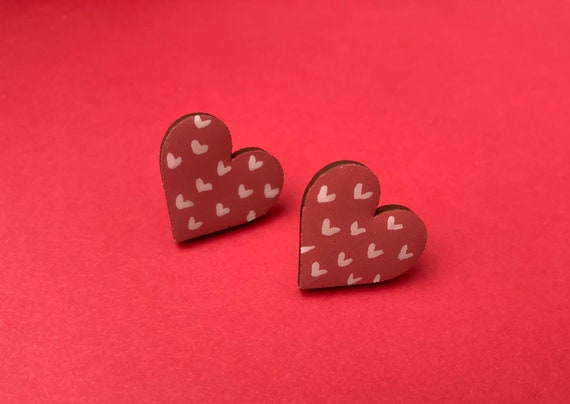Dusty Rose Pink Wooden Heart Stud Earrings. Hand Painted Statement Earrings, perfect for Valentines Day. Gift for her.
