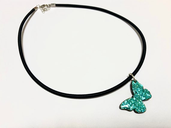 Black Silk Statement Choker with Wooden Hand Painted Blue or Gold Butterfly Glitter Charm, Lightweight, adjustable. Gift for Wildlife Lover