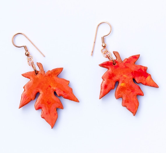 Gorgeous Bright Orange and Red Hand Painted Wooden Leaf Charm Earrings. Clip Ons, Sterling Silver, Pure Copper. Autumn Fall Jewellery