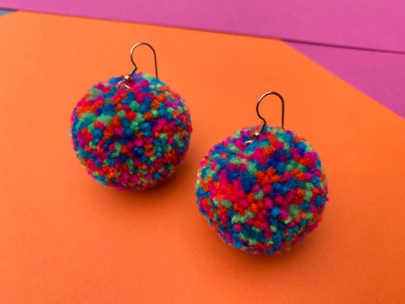 Rainbow Pom Pom statement Earrings in two sizes with pure Copper findings. Gifts for her.