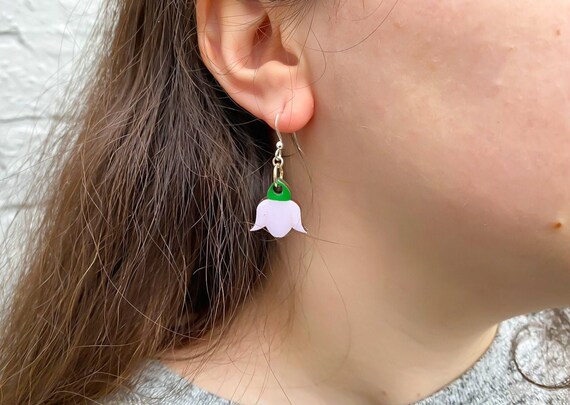 Light Pink Campanula Flower Dangle Sterling Silver Earrings. Wooden Laser Cut. Hand Painted. Gift for Mothers Day. Gift For Her.