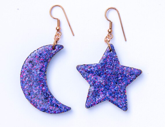 Large Glitter Purple Statement Wooden Star and Moon Charm Earrings. Halloween, Witch Jewellery custom hardware clip ons, copper, silver.