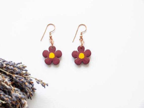 Dainty Floral Wooden Hand Painted Earrings in Pomegranate. Very lightweight and custom hardware. Ideal gift for wildlife or garden lover