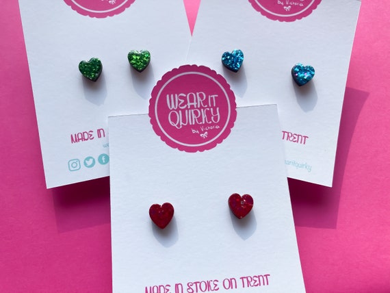 Teeny Tiny Small Wooden Heart Studs in hand painted Glitter Colours - Pink, Purple, Green, Red, Blue with Stainless Steel Posts