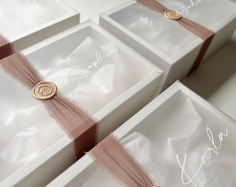 Empty Frosted Bridesmaid Proposal Gift Boxes with chiffon ribbon and wax seal